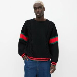 Gucci, cable knit sweater, size M, black with green and red stripes